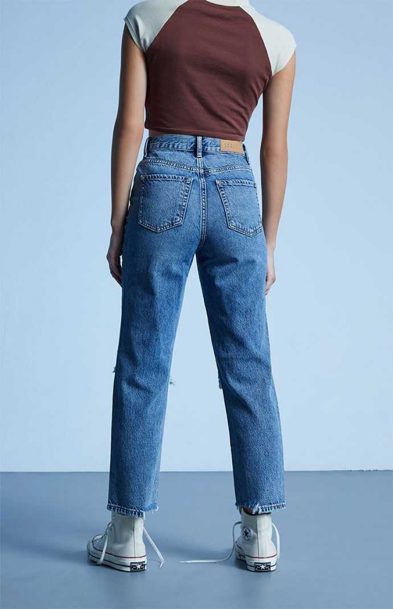 Pantalons PacSun Eco Medium Blue Distressed High Waisted Droit Leg Femme Indigo | 378042TBG