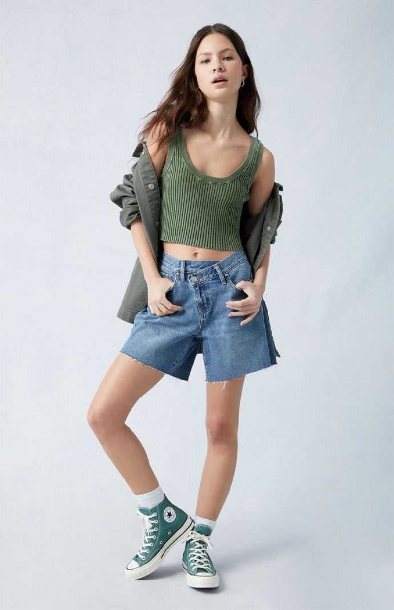 Pantalons PacSun Eco Medium Indigo Asymmetrical High Waisted Relaxed Jorts Femme Indigo | 017386HQZ