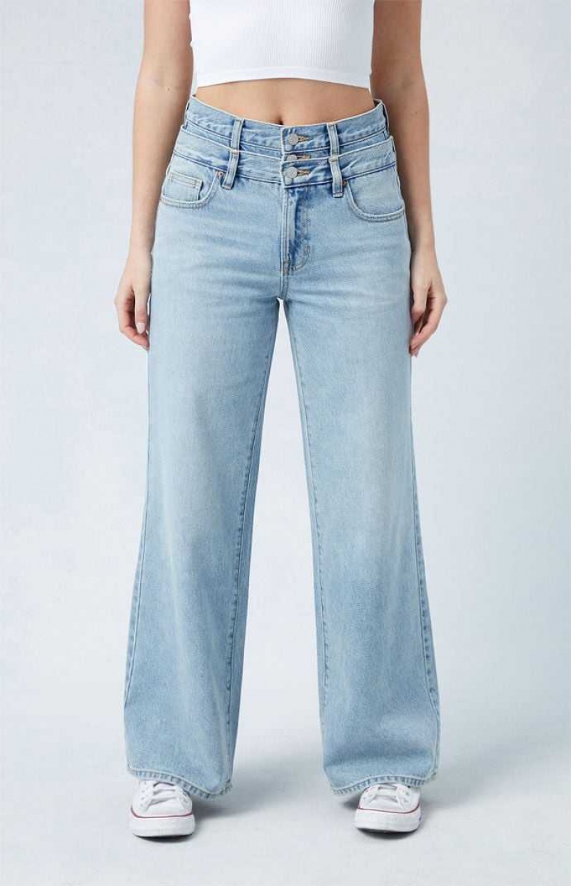 Pantalons PacSun Eco Medium Indigo Double Waistband Mid Rise gy Femme Indigo | 218943IOU