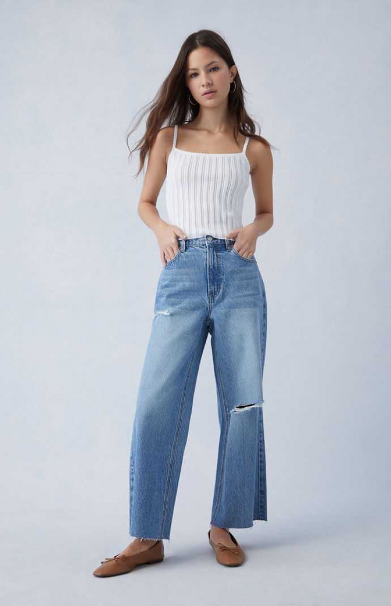 Pantalons PacSun Eco Medium Indigo Ripped Cropped Larges Leg Femme Indigo | 628097WVB