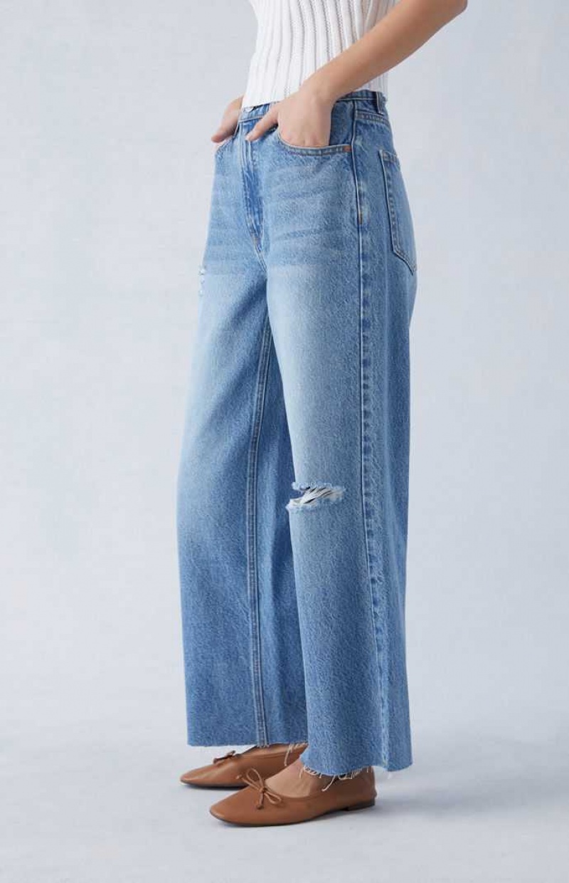 Pantalons PacSun Eco Medium Indigo Ripped Cropped Larges Leg Femme Indigo | 628097WVB