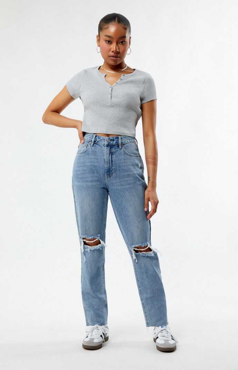 Pantalons PacSun Eco Medium Indigo Ripped Mom Femme Indigo | 947065TIJ