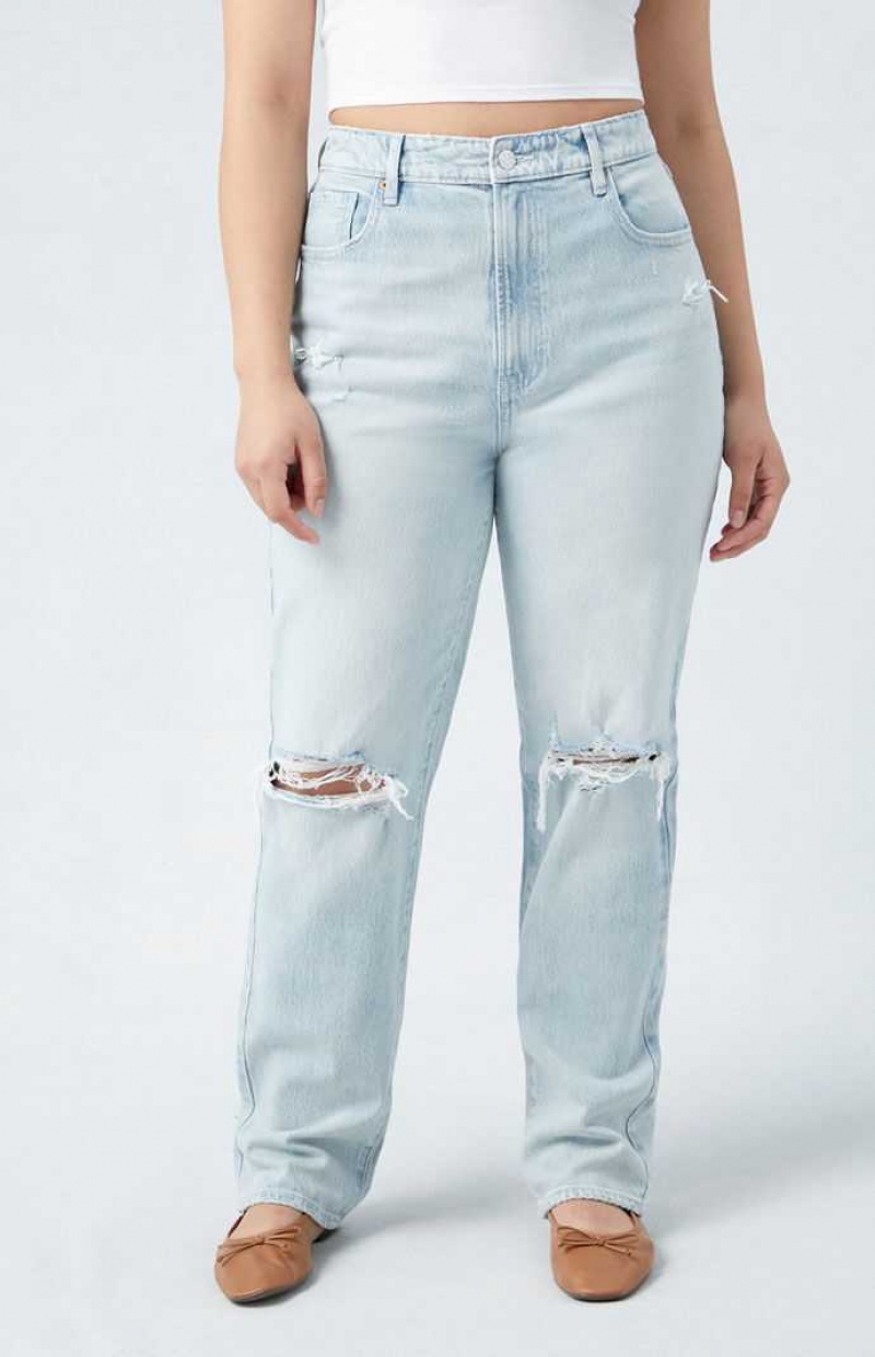 Pantalons PacSun Eco Stretch Light Indigo Ripped Curve Dad Femme Indigo | 902734YCU