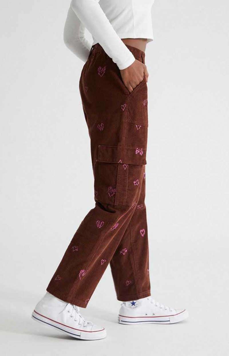 Pantalons PacSun Heartbreaker Corduroy Cargo Elastic Taille Femme Marron | 974128CZG