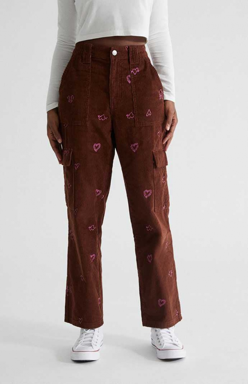 Pantalons PacSun Heartbreaker Corduroy Cargo Elastic Taille Femme Marron | 974128CZG