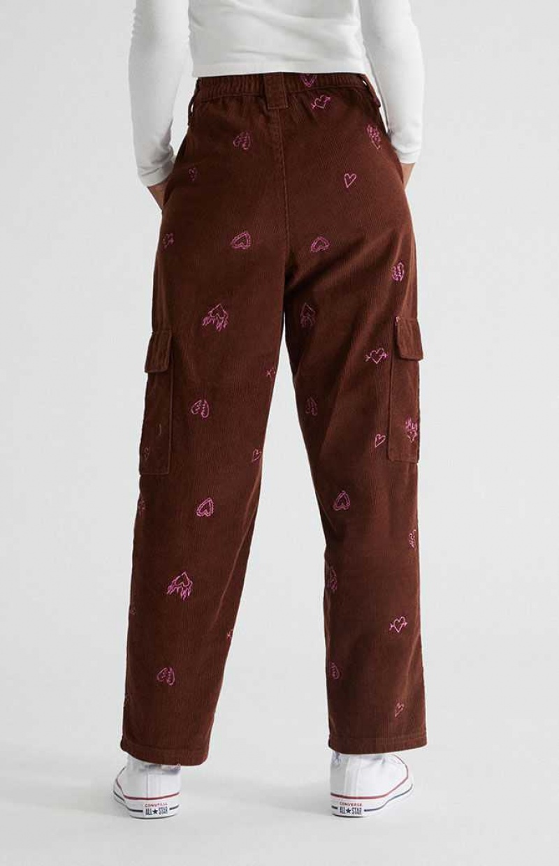 Pantalons PacSun Heartbreaker Corduroy Cargo Elastic Taille Femme Marron | 974128CZG