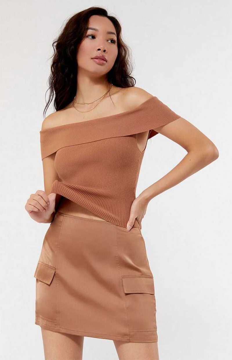 Pantalons PacSun Kendall & Kylie Satin Cargo Mini Skirt Femme Marron | 192038CFL