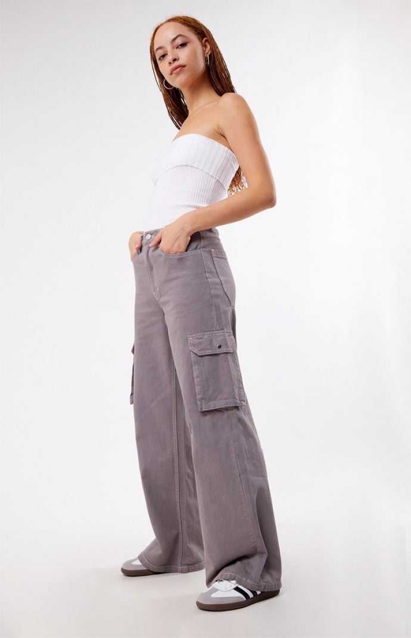 Pantalons PacSun Light Gray High Waisted Larges Leg Cargo Femme Grise Clair | 836052QSG