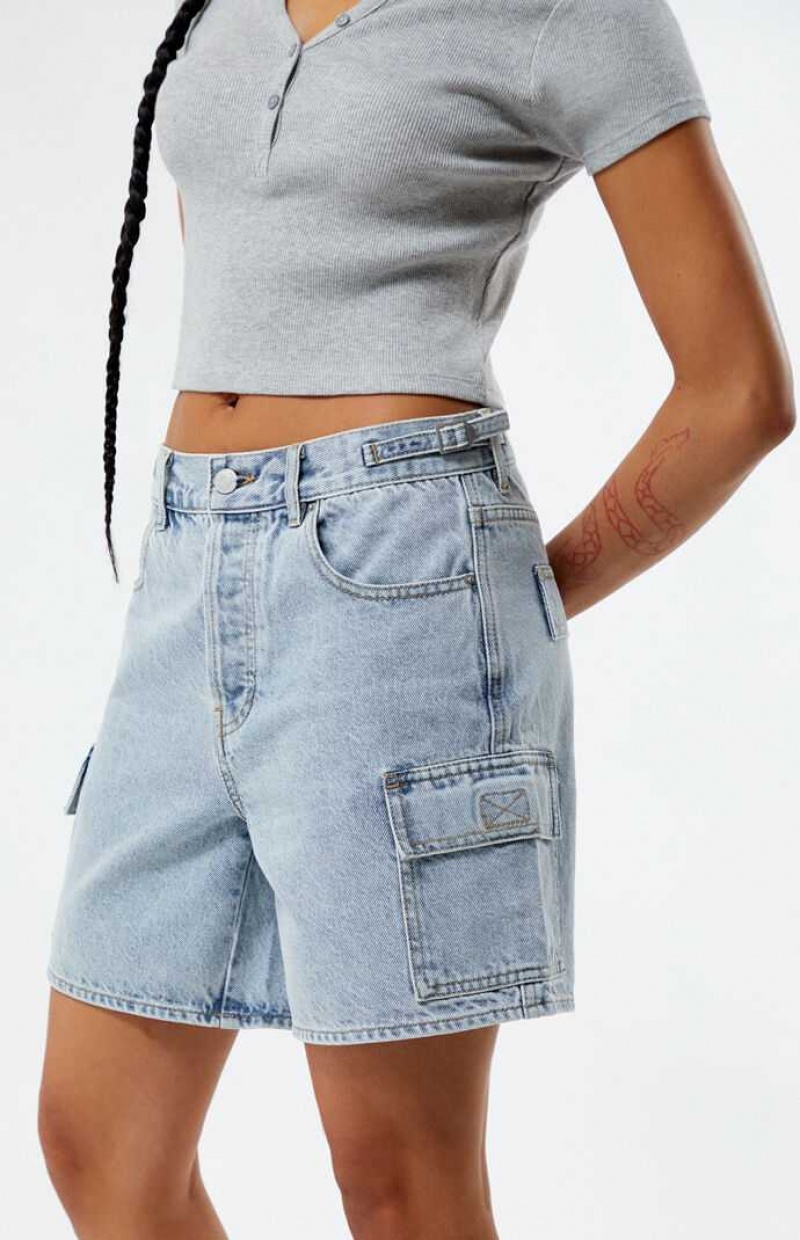 Pantalons PacSun Light Indigo Denim Cargo Dad Jorts Femme Indigo | 143987ZUW