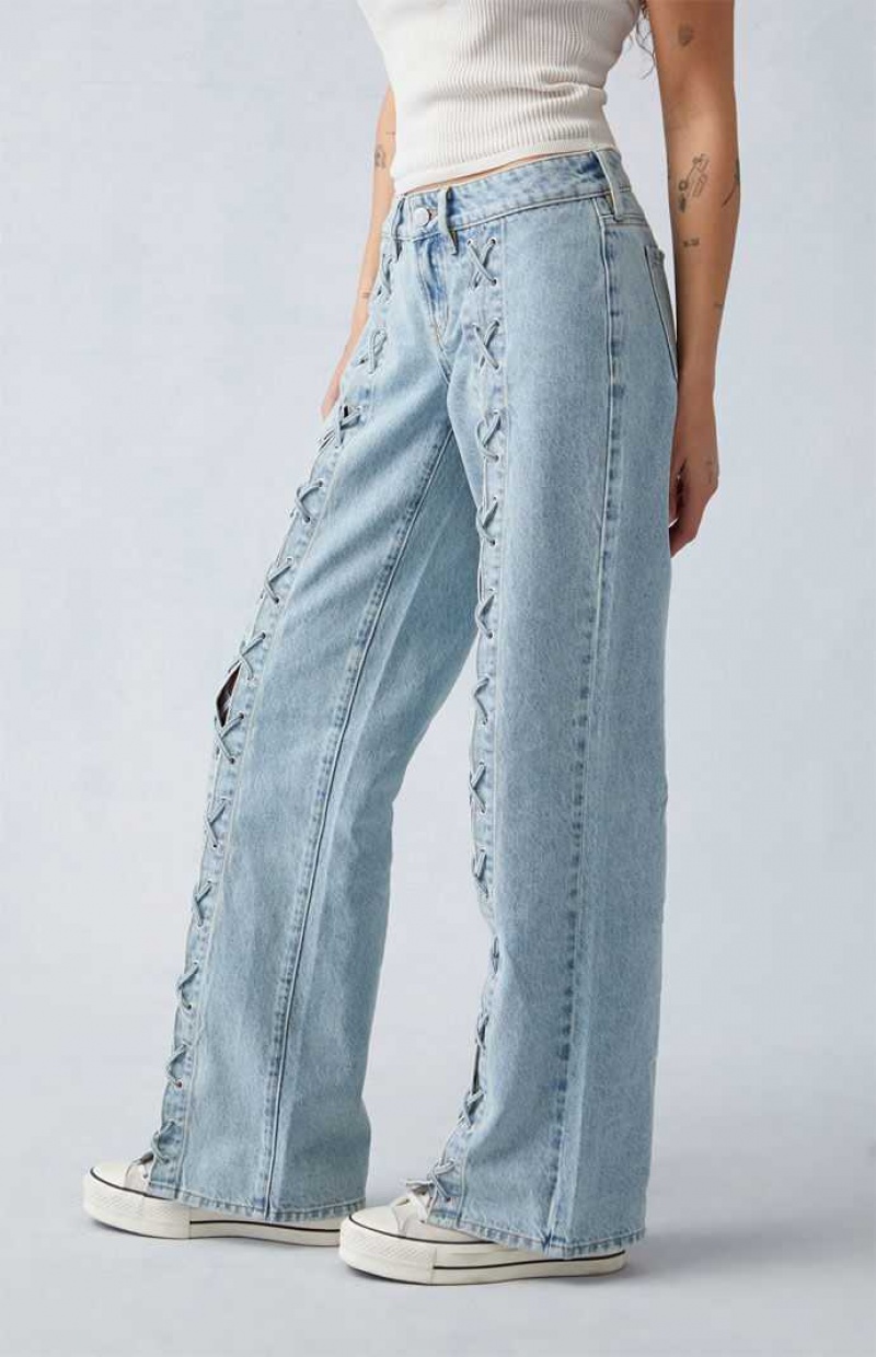 Pantalons PacSun Light Indigo Dentelle-Up Low Rise Larges Leg Femme Indigo | 754320BKY