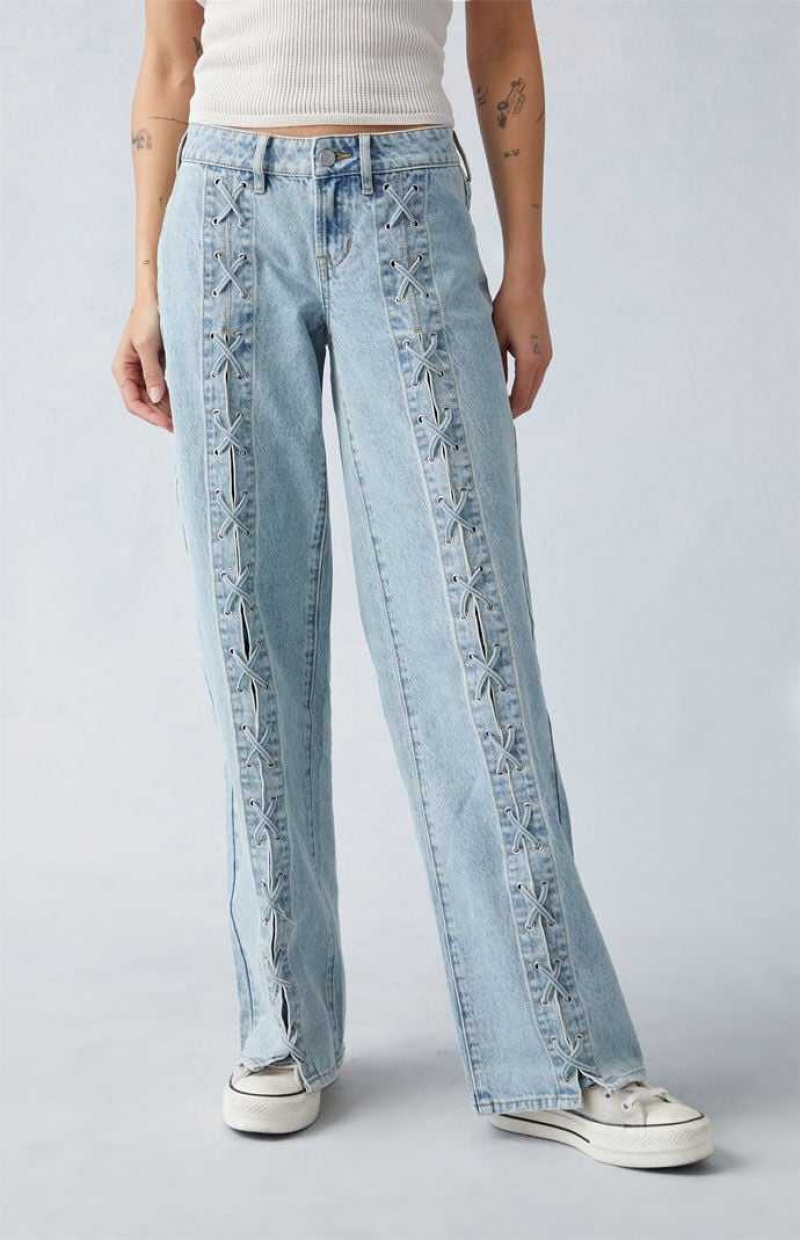 Pantalons PacSun Light Indigo Dentelle-Up Low Rise Larges Leg Femme Indigo | 754320BKY