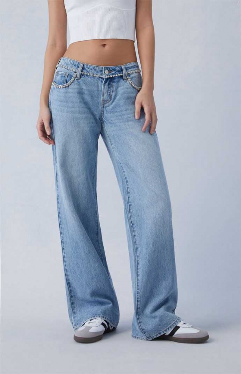 Pantalons PacSun Light Indigo Rhinestone Low Rise Larges Leg Femme Indigo | 120875BAD