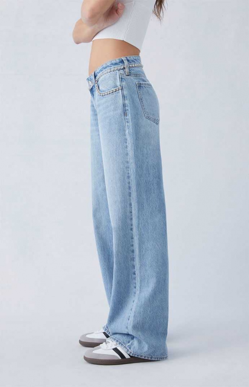 Pantalons PacSun Light Indigo Rhinestone Low Rise Larges Leg Femme Indigo | 120875BAD