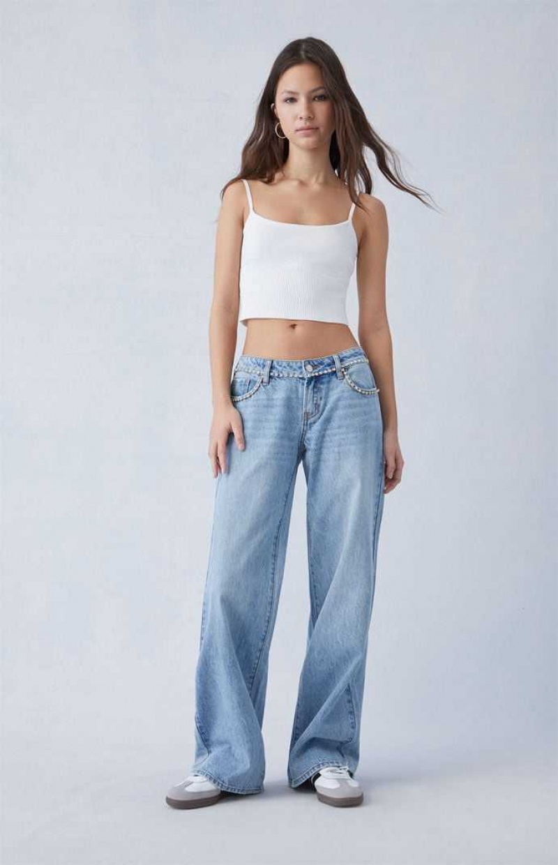 Pantalons PacSun Light Indigo Rhinestone Low Rise Larges Leg Femme Indigo | 120875BAD