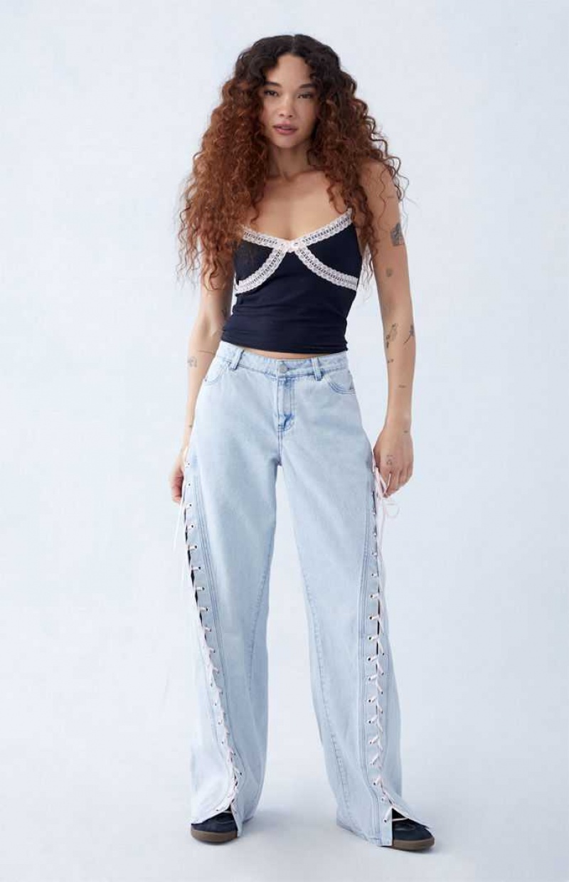 Pantalons PacSun Light Indigo Ribbon Dentelle Up Low Rise gy Femme Indigo | 845903BDU