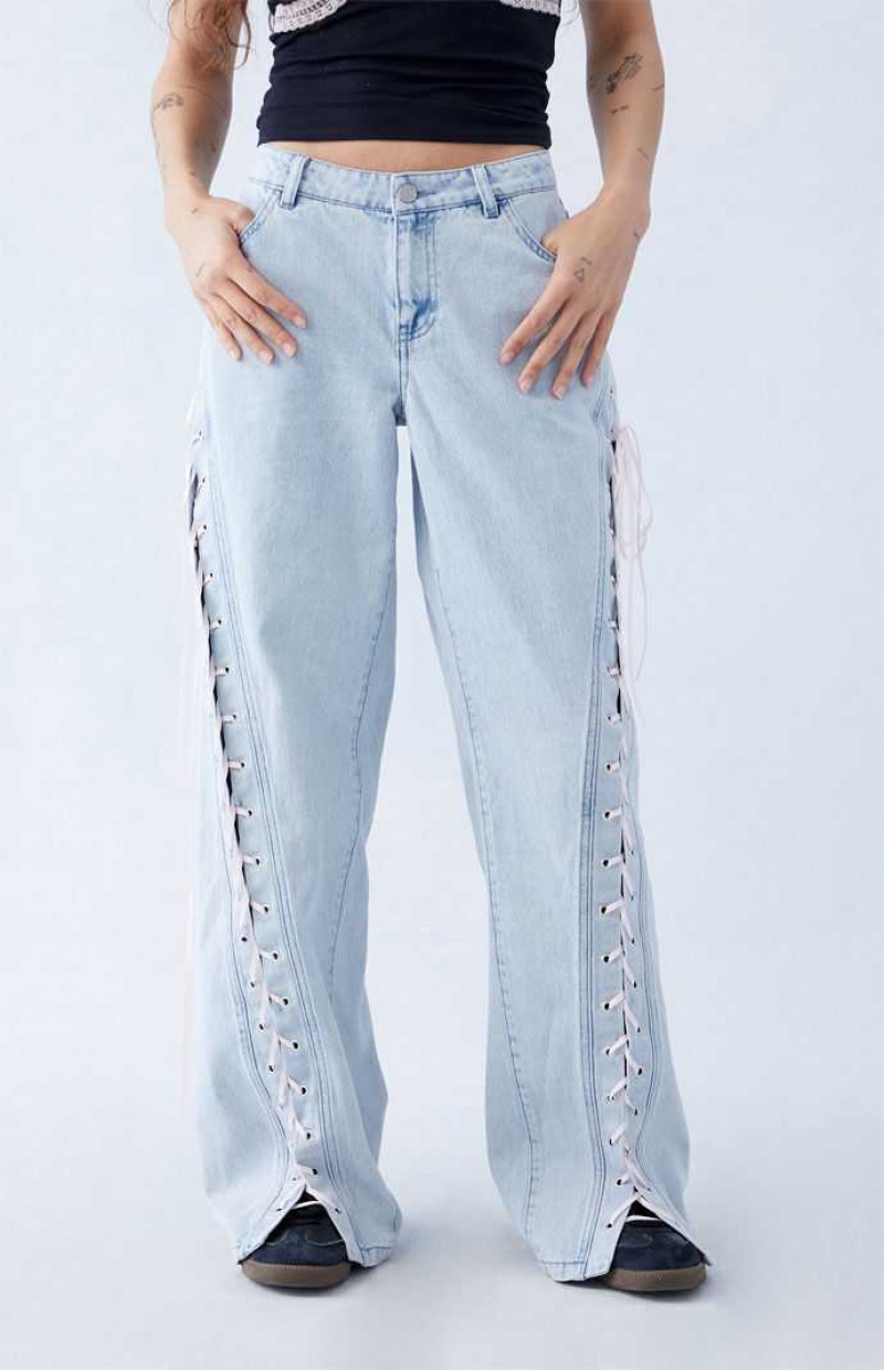 Pantalons PacSun Light Indigo Ribbon Dentelle Up Low Rise gy Femme Indigo | 845903BDU