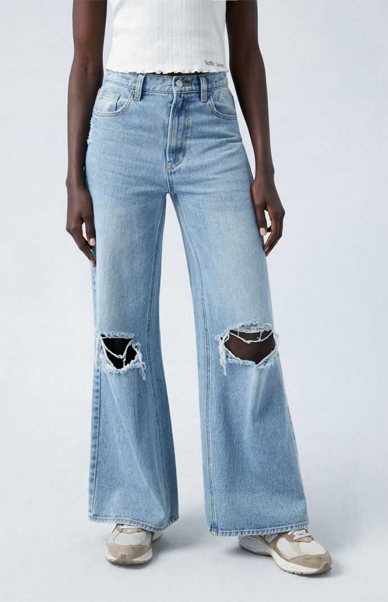 Pantalons PacSun Light Indigo Ripped Larges Leg Femme Indigo | 349581QJY