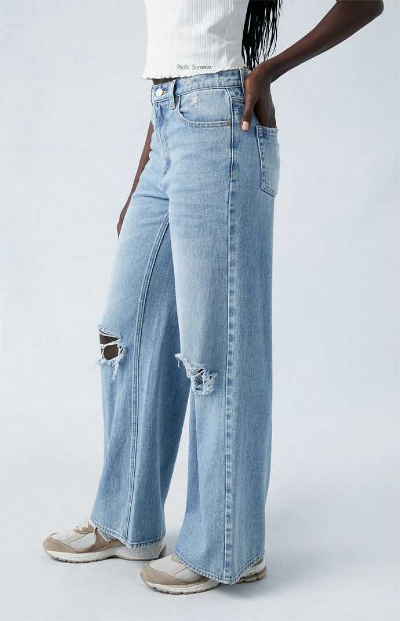 Pantalons PacSun Light Indigo Ripped Larges Leg Femme Indigo | 349581QJY