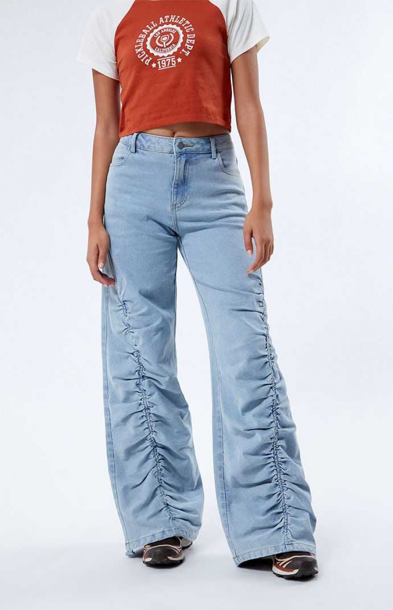 Pantalons PacSun Light Indigo Ruched Larges Leg Femme Indigo Clair | 386209HZL