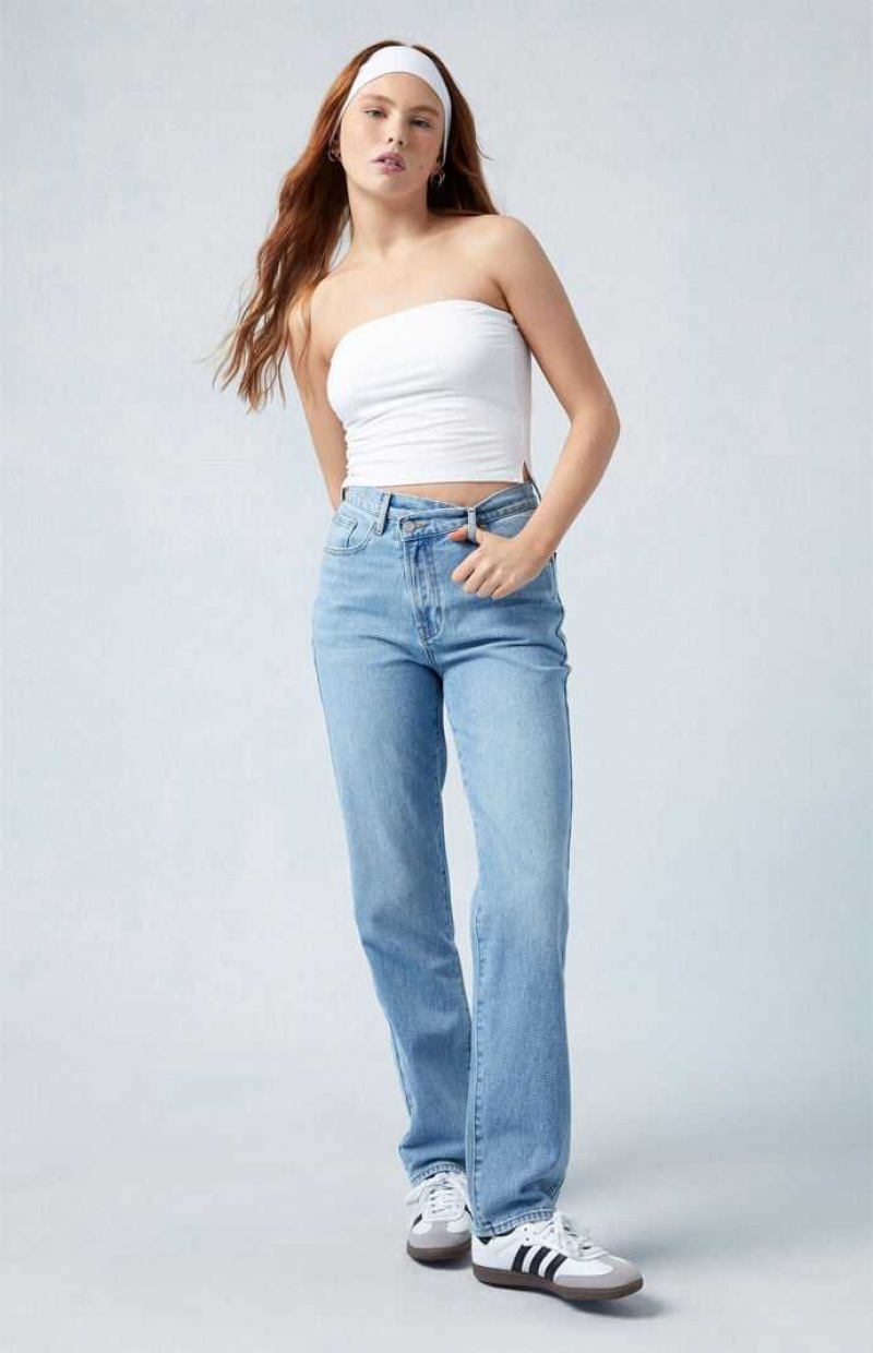 Pantalons PacSun Medium Blue Asymmetrical Dad Femme Indigo | 915724EAC