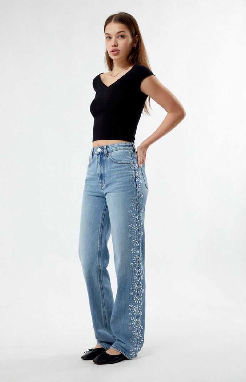 Pantalons PacSun Medium Indigo Floral Rhinestone '90s Boyfriend Femme Indigo | 210358DAW