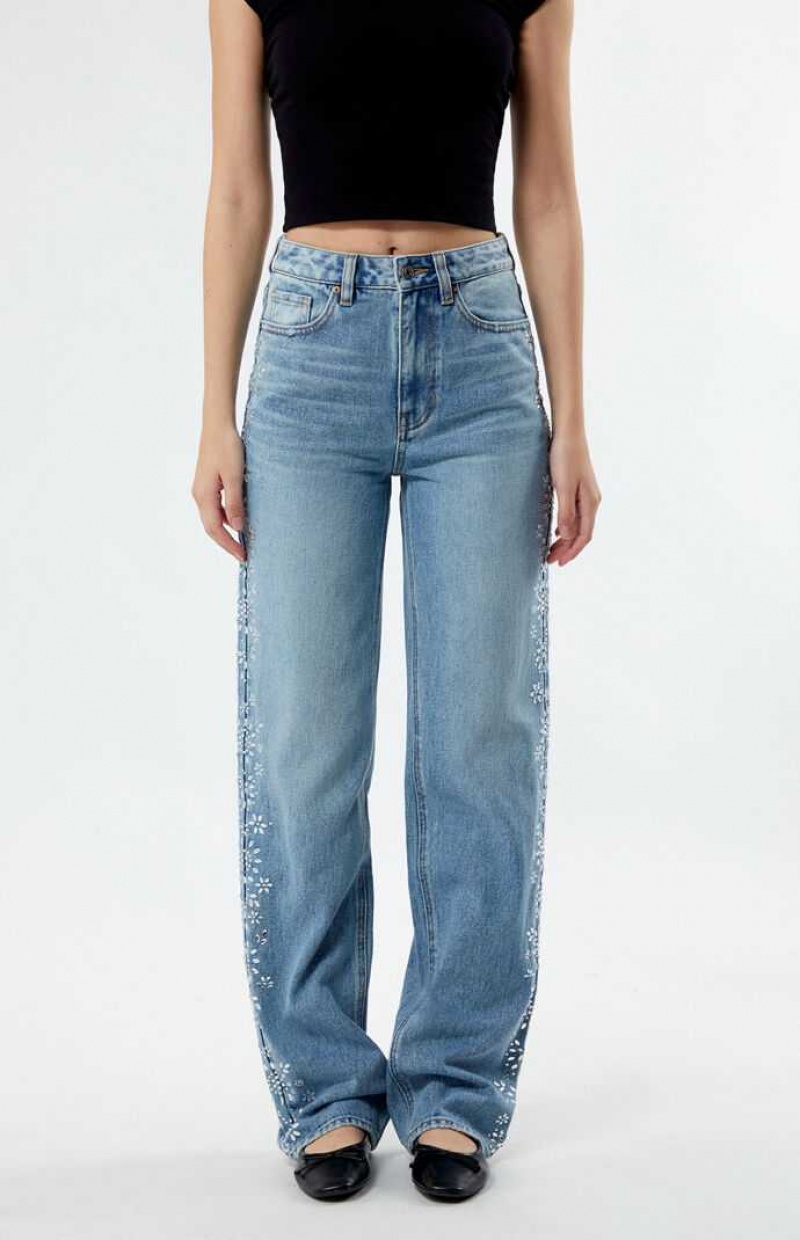 Pantalons PacSun Medium Indigo Floral Rhinestone '90s Boyfriend Femme Indigo | 210358DAW