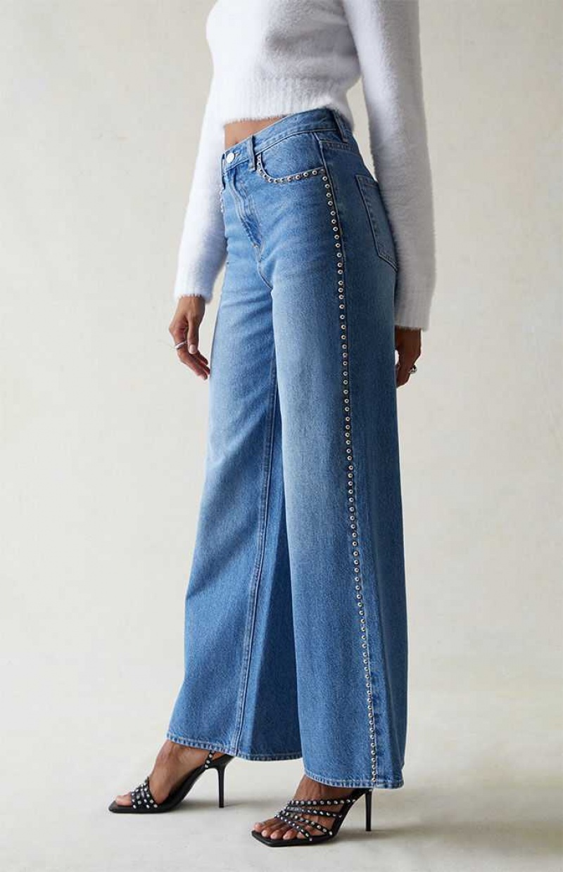 Pantalons PacSun Medium Indigo Studded Larges Leg Femme Indigo | 701954TAU