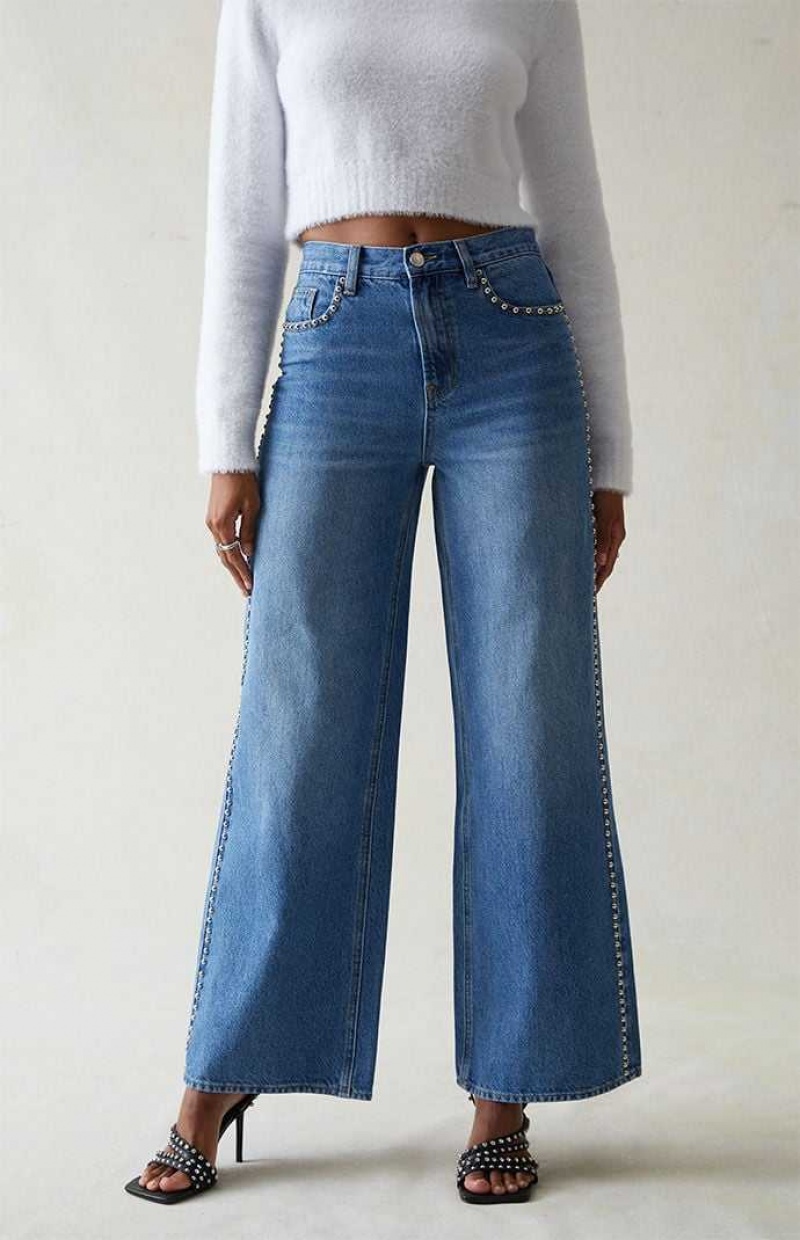 Pantalons PacSun Medium Indigo Studded Larges Leg Femme Indigo | 701954TAU