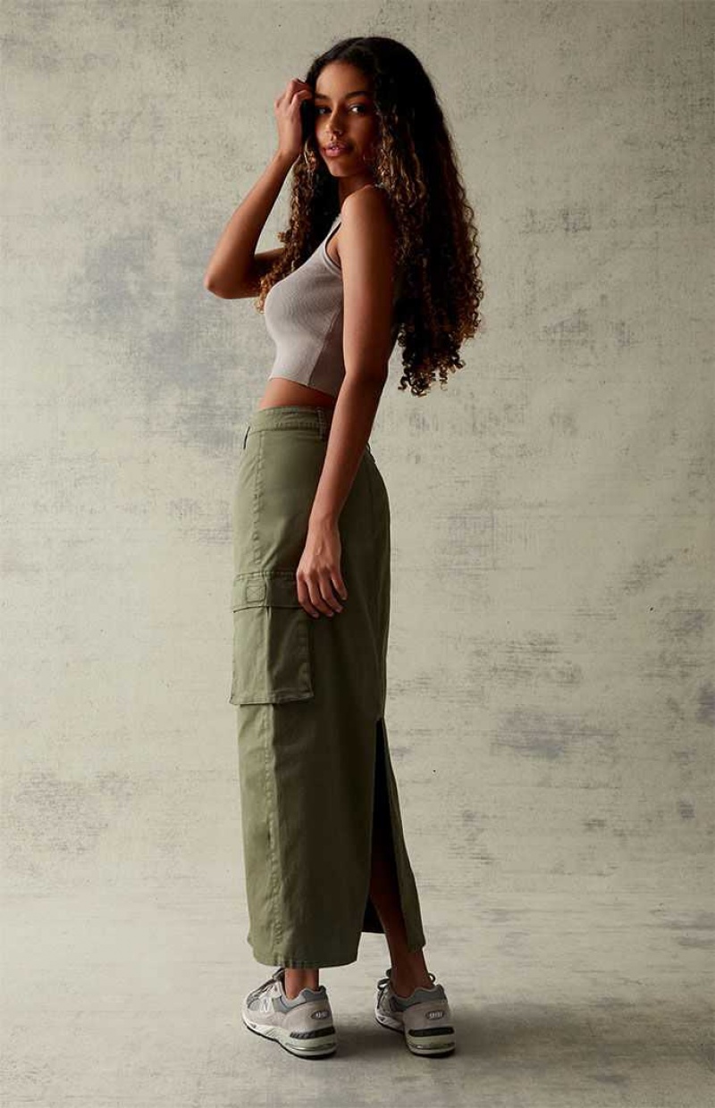 Pantalons PacSun Olive Stretch High-Waisted Cargo Midi Skirt Femme Vert Olive | 082436HST