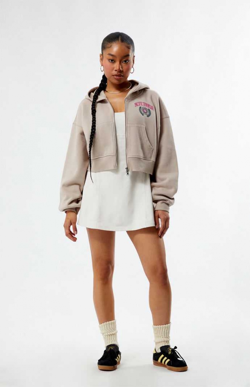 Sweat a Capuche PacSun LA Crest Cropped Double Zip Femme Grise Marron | 085124FCY