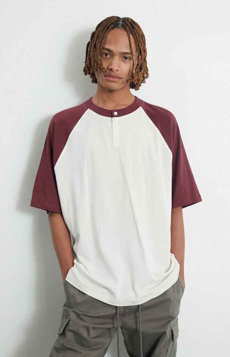 T-shirt PacSun Burgundy Raglan Boxy Henley Homme Bordeaux | 837104JIO