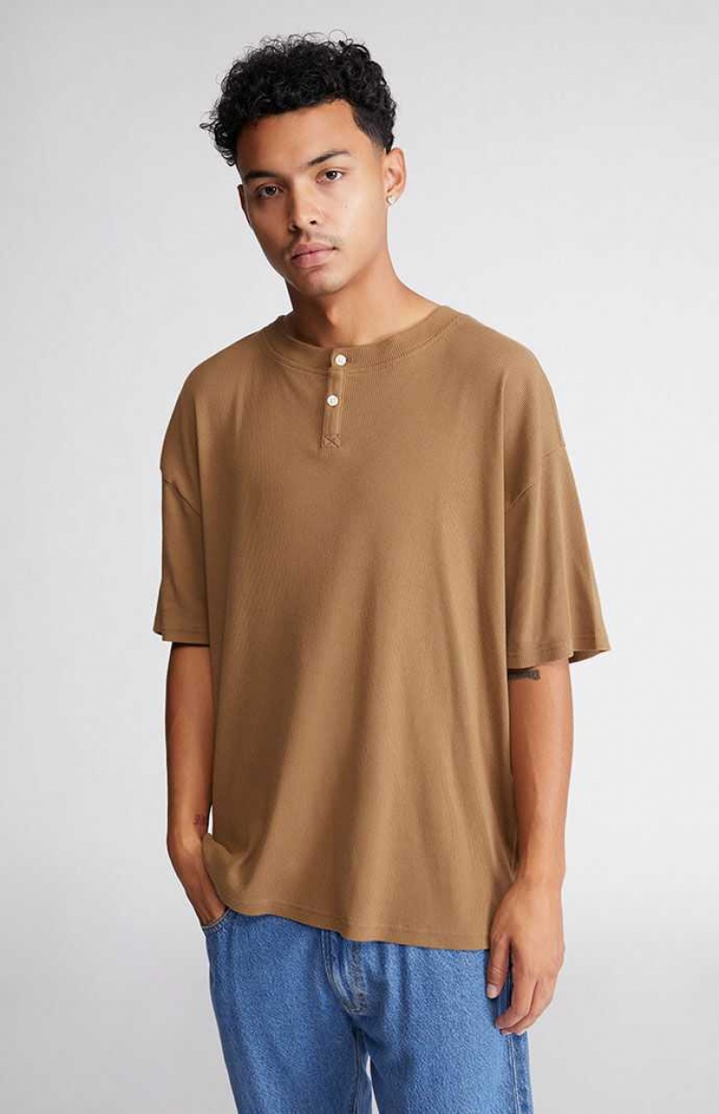 T-shirt PacSun Nervuré Boxy Henley Homme Marron | 569273PIH