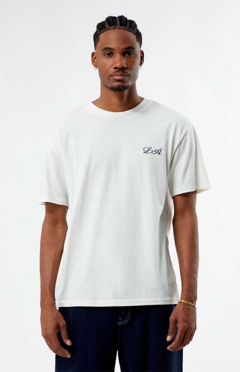 T-shirt PacSun PS Basics Cursive LA Embroidered Homme Blanche | 546932ENW