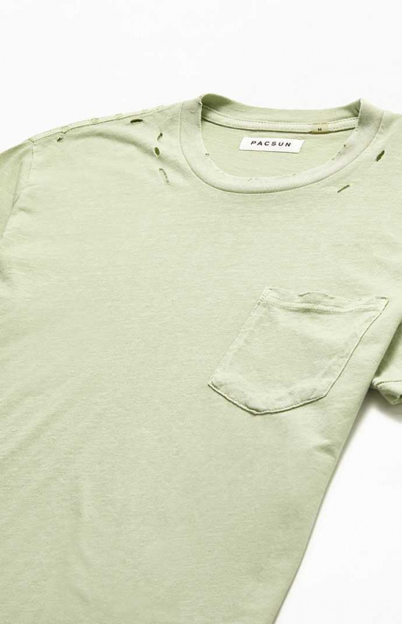 T-shirt PacSun Sage Distressed Pocket Homme Vert Olive | 179328YEU