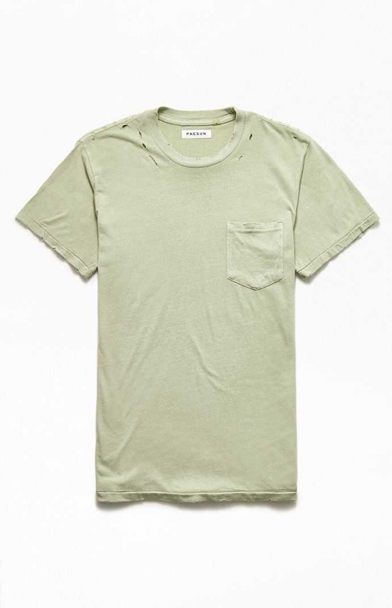 T-shirt PacSun Sage Distressed Pocket Homme Vert Olive | 179328YEU