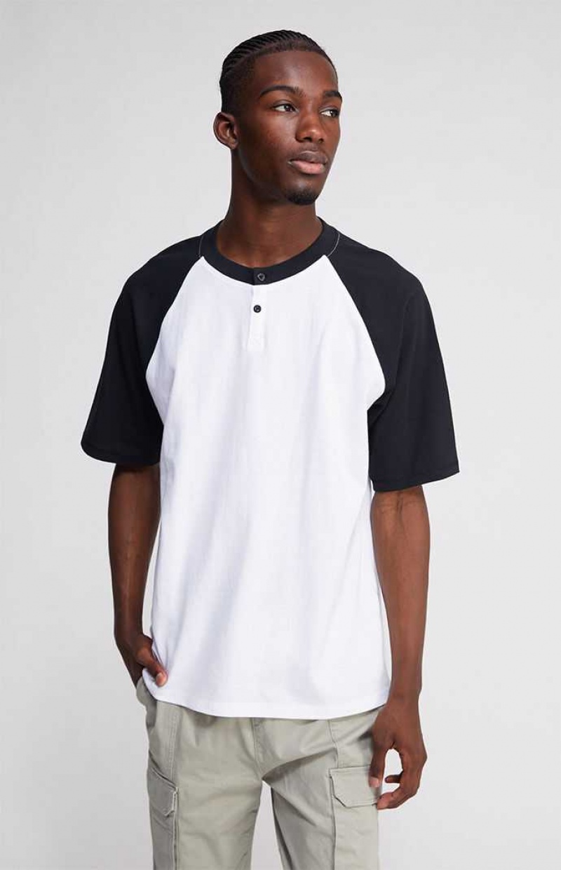 T-shirt PacSun White & Black Boxy Raglan Henley Homme Blanche Noir | 096851ATN