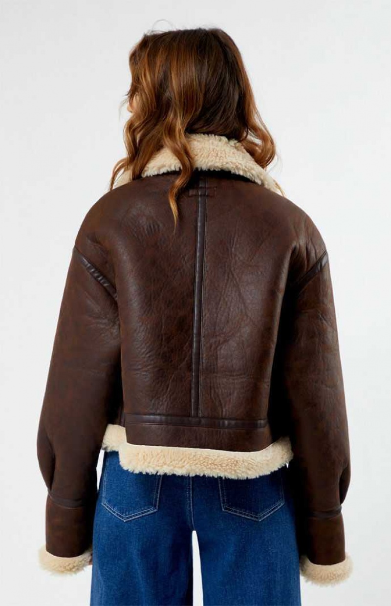 Vestes PacSun Faux Cuir Sherpa Moto Femme Marron Marron | 234058VHN